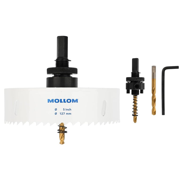 Mollom (127 مم | 5") منشار ثقب ثنائي المعدن HSS M42 مع 8% كوبالت مع 2 بت حفر رائد وعمود قطع سلس لـ PVC، الجبس، الخشب، البلاستيك، لوح الجبس، المطاط - Image 1